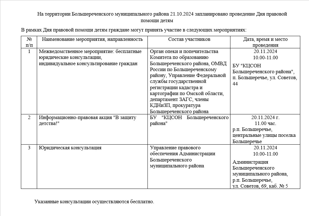 На территории Большереченского муниципального района 21.10.2024 запланировано проведение Дня правовой помощи детям.